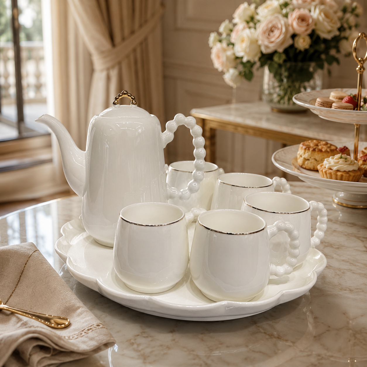 Luxury Smooth White Ceramic Tea Set with Beaded Handles and Scalloped Tray