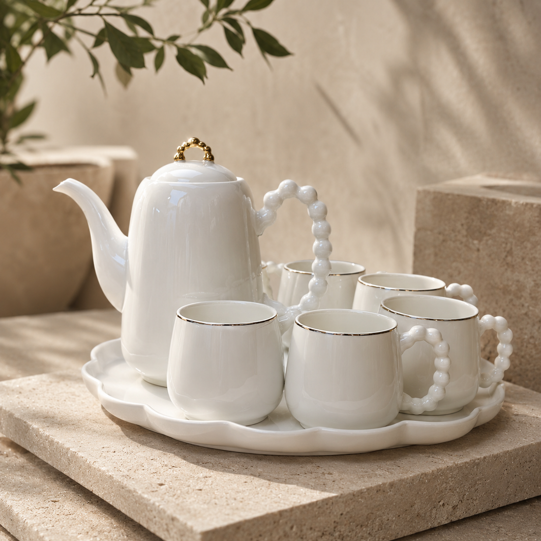 Luxury Smooth White Ceramic Tea Set with Beaded Handles and Scalloped Tray