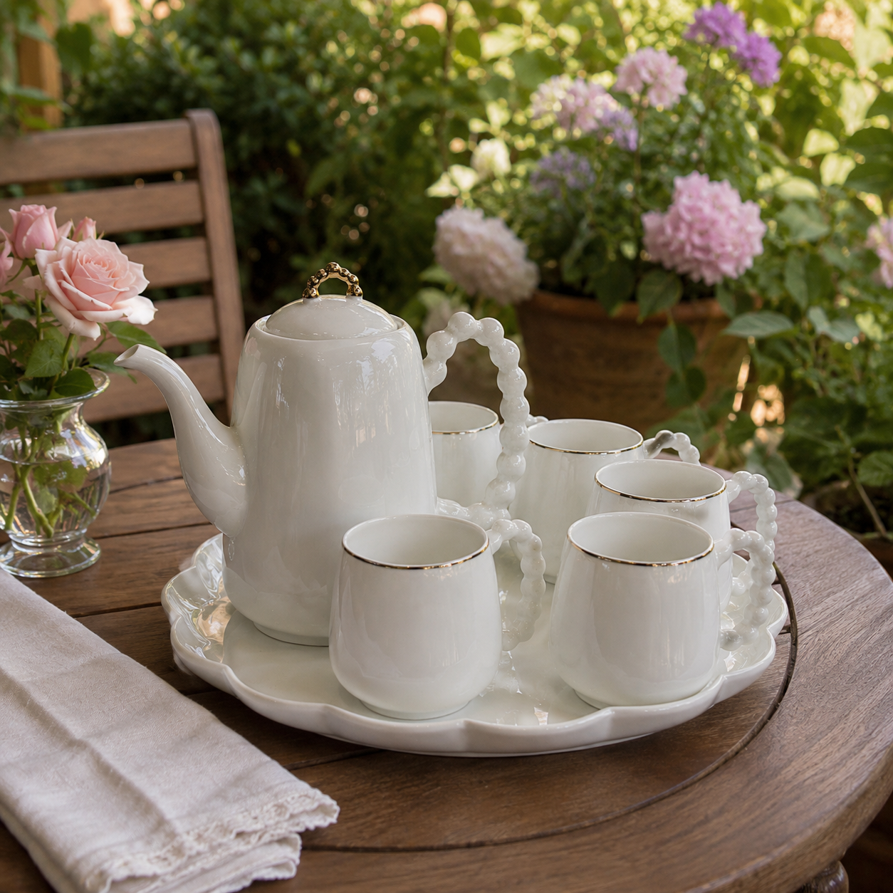 Luxury Smooth White Ceramic Tea Set with Beaded Handles and Scalloped Tray
