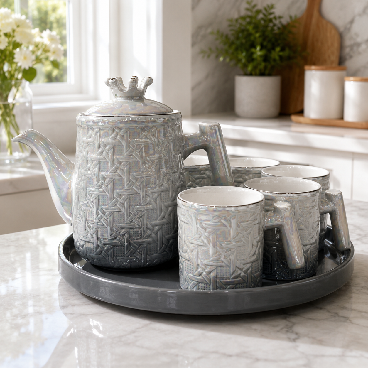 Luxury Iridescent Basketweave Ceramic Tea Set with Round Tray