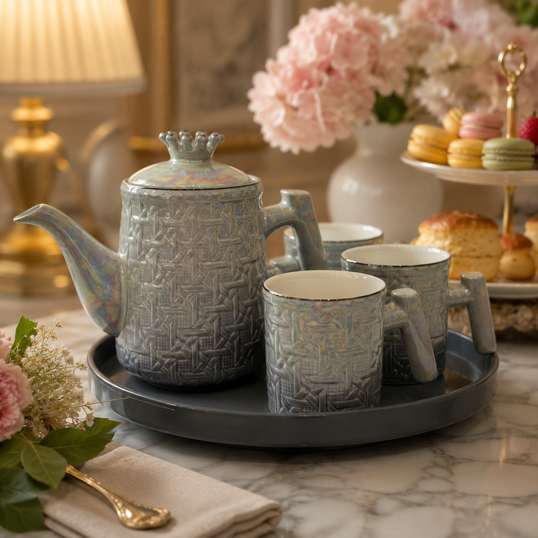 Luxury Iridescent Basketweave Ceramic Tea Set with Round Tray