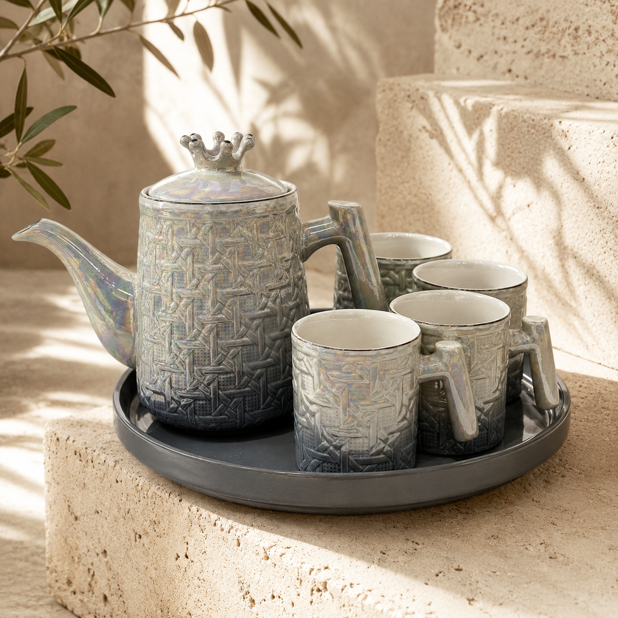 Luxury Iridescent Basketweave Ceramic Tea Set with Round Tray