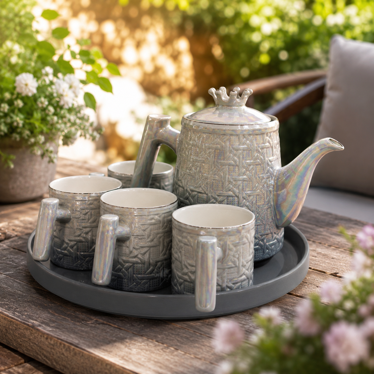 Luxury Iridescent Basketweave Ceramic Tea Set with Round Tray