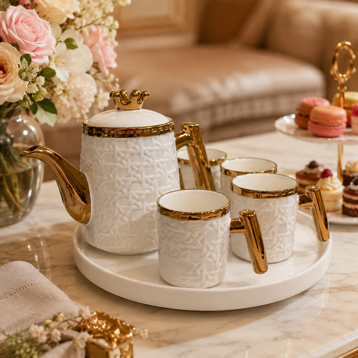 Luxury Embossed Basketweave White & Gold Ceramic Tea Set with Tray