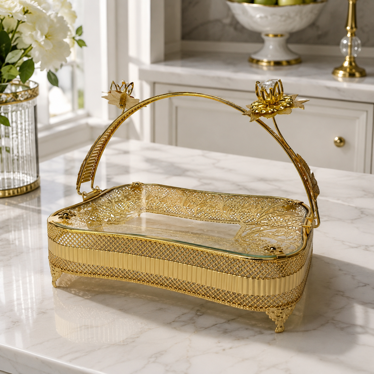 Luxury Footed Basket Tray with Crystal Flower Accent Arch Handle