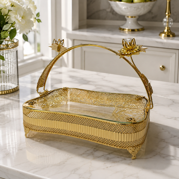 Luxury Footed Basket Tray with Crystal Flower Accent Arch Handle