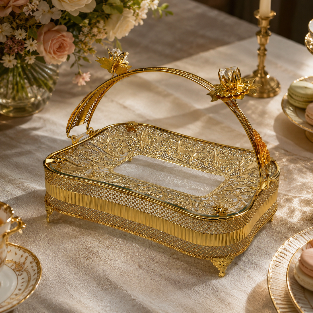 Luxury Footed Basket Tray with Crystal Flower Accent Arch Handle