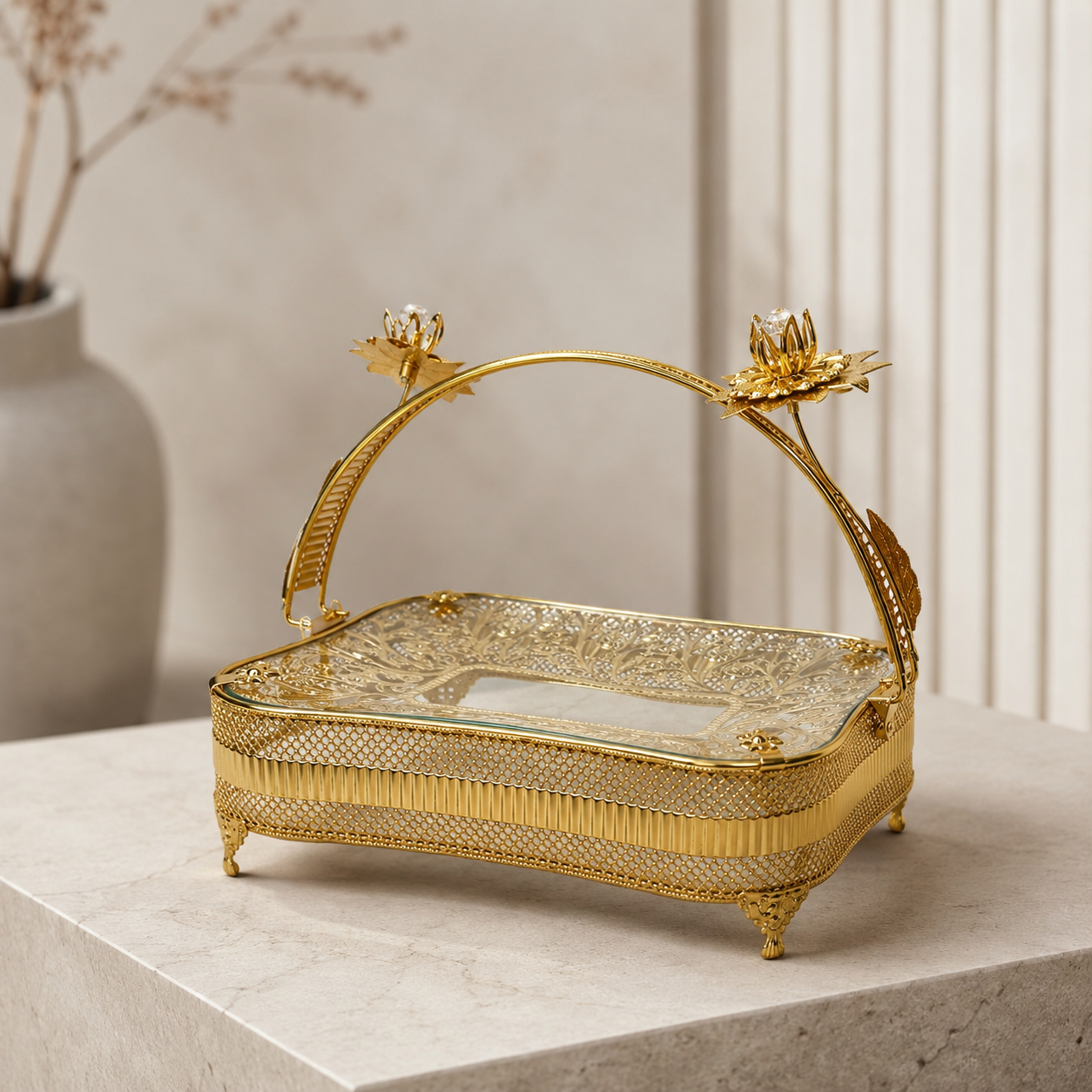 Luxury Footed Basket Tray with Crystal Flower Accent Arch Handle