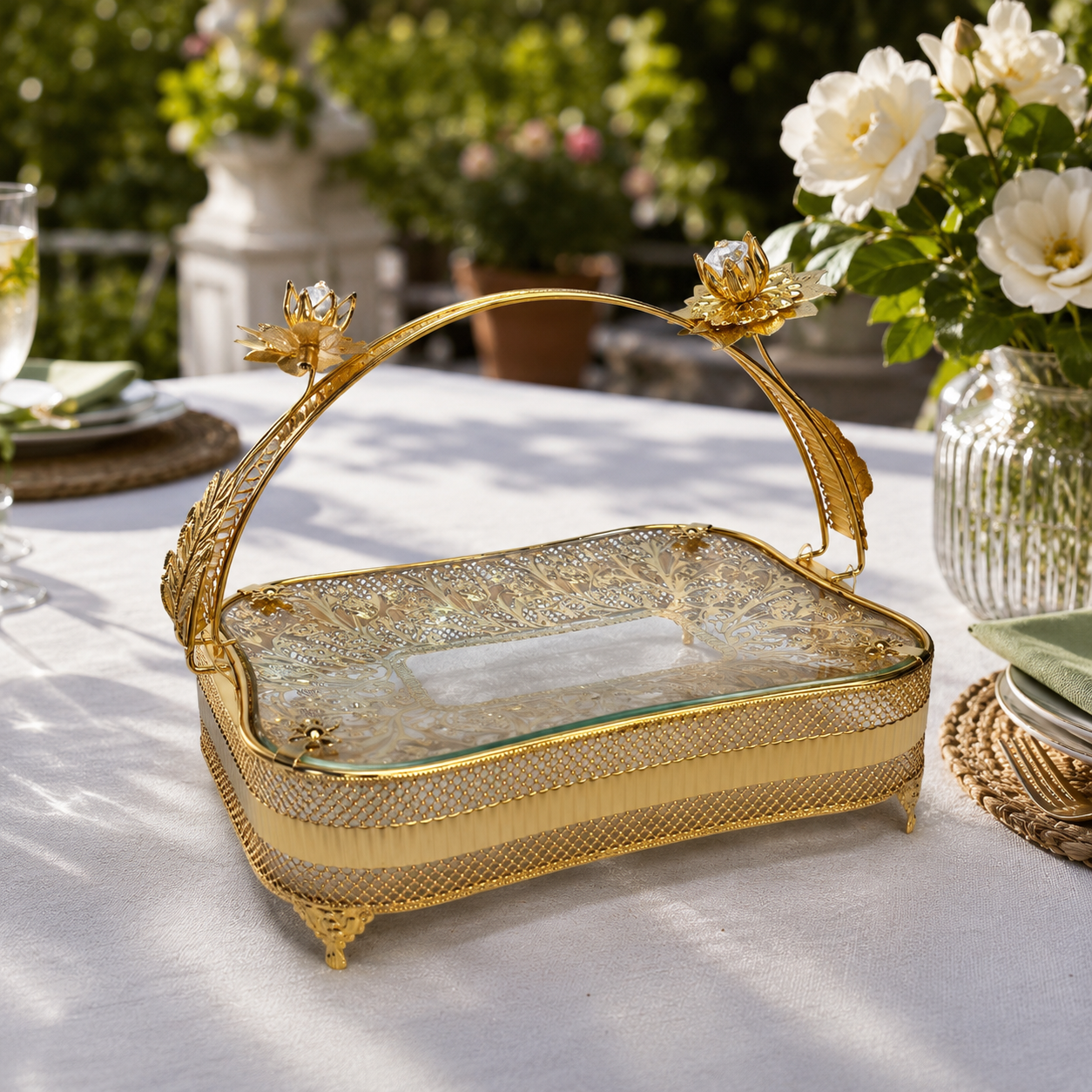 Luxury Footed Basket Tray with Crystal Flower Accent Arch Handle