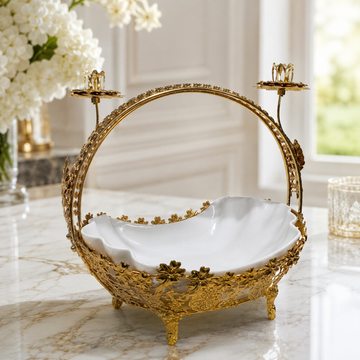 Wavy White Ceramic Centerpiece Tray with Ornate Floral Filigree