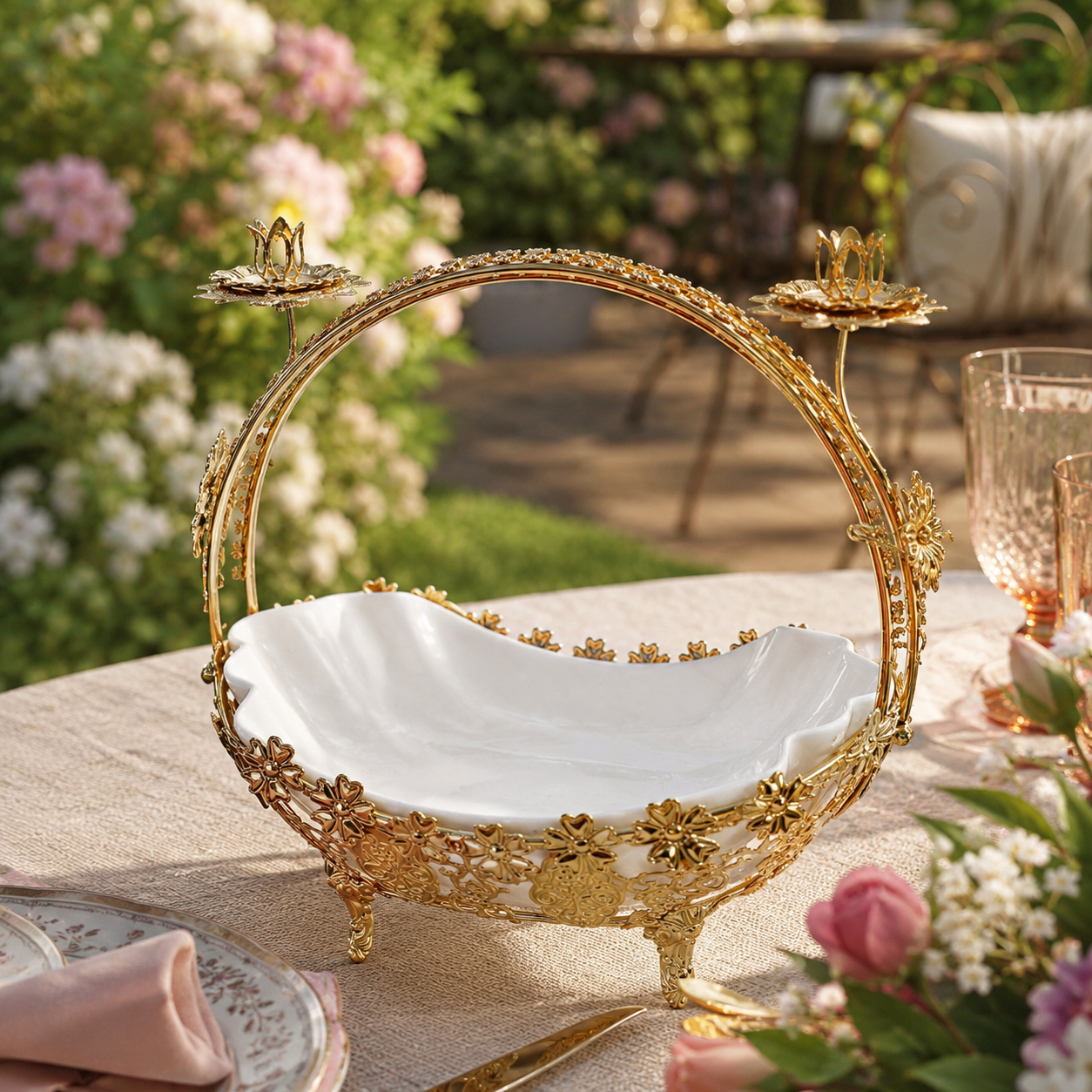 Wavy White Ceramic Centerpiece Tray with Ornate Floral Filigree