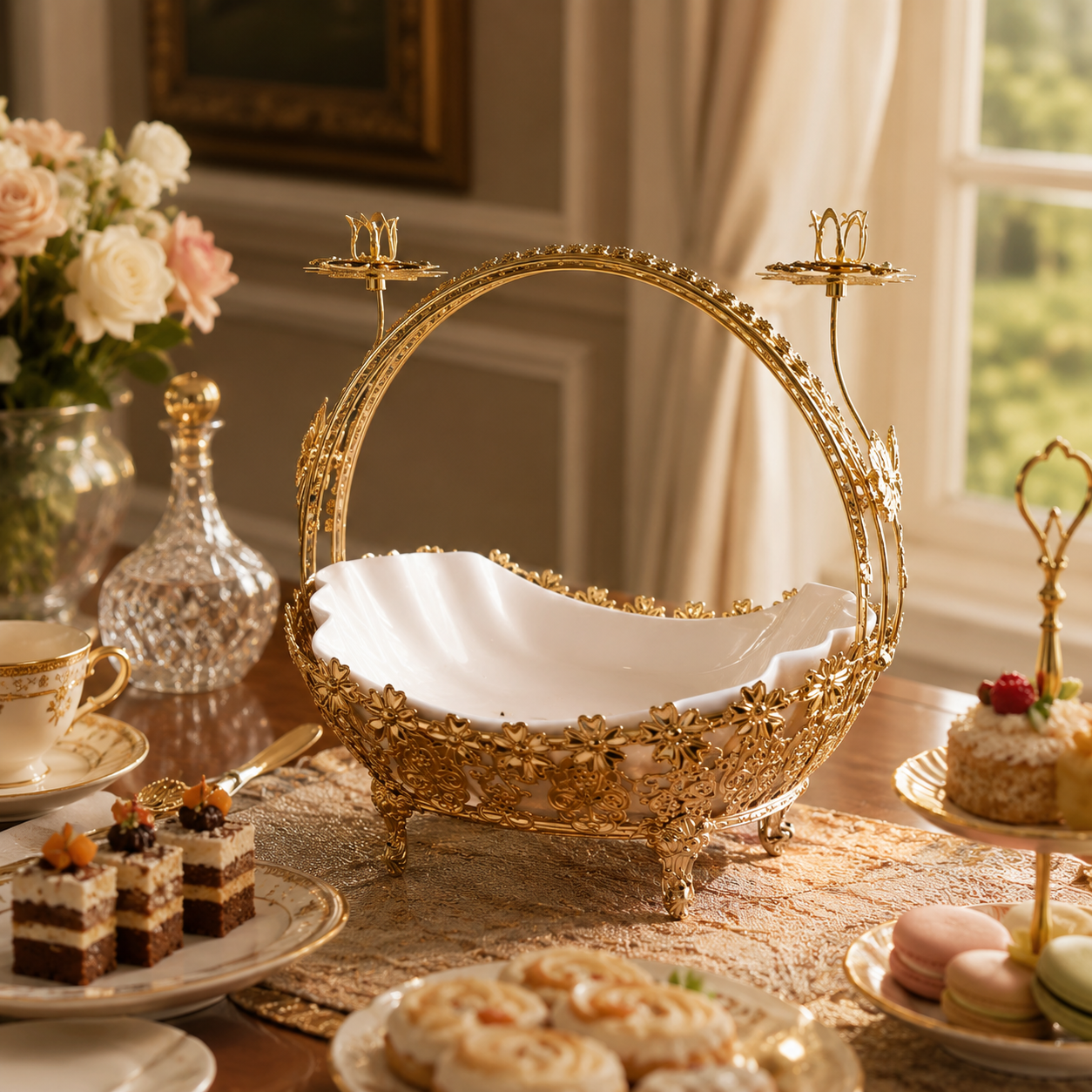 Wavy White Ceramic Centerpiece Tray with Ornate Floral Filigree