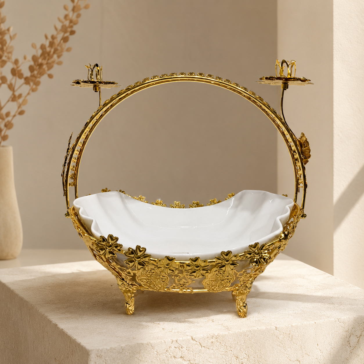 Wavy White Ceramic Centerpiece Tray with Ornate Floral Filigree