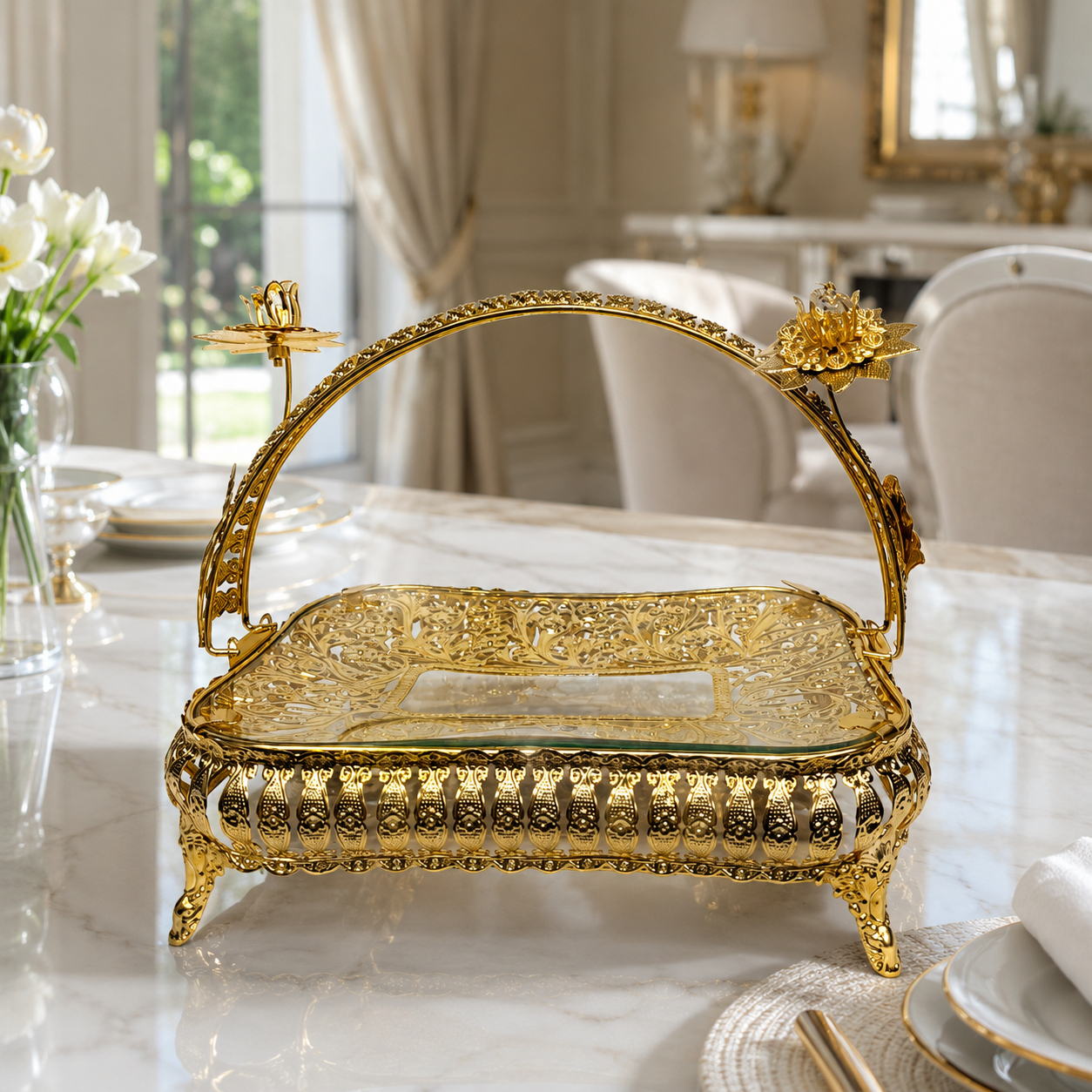 Rectangular Glass Centerpiece Tray with Ornate Cage Filigree