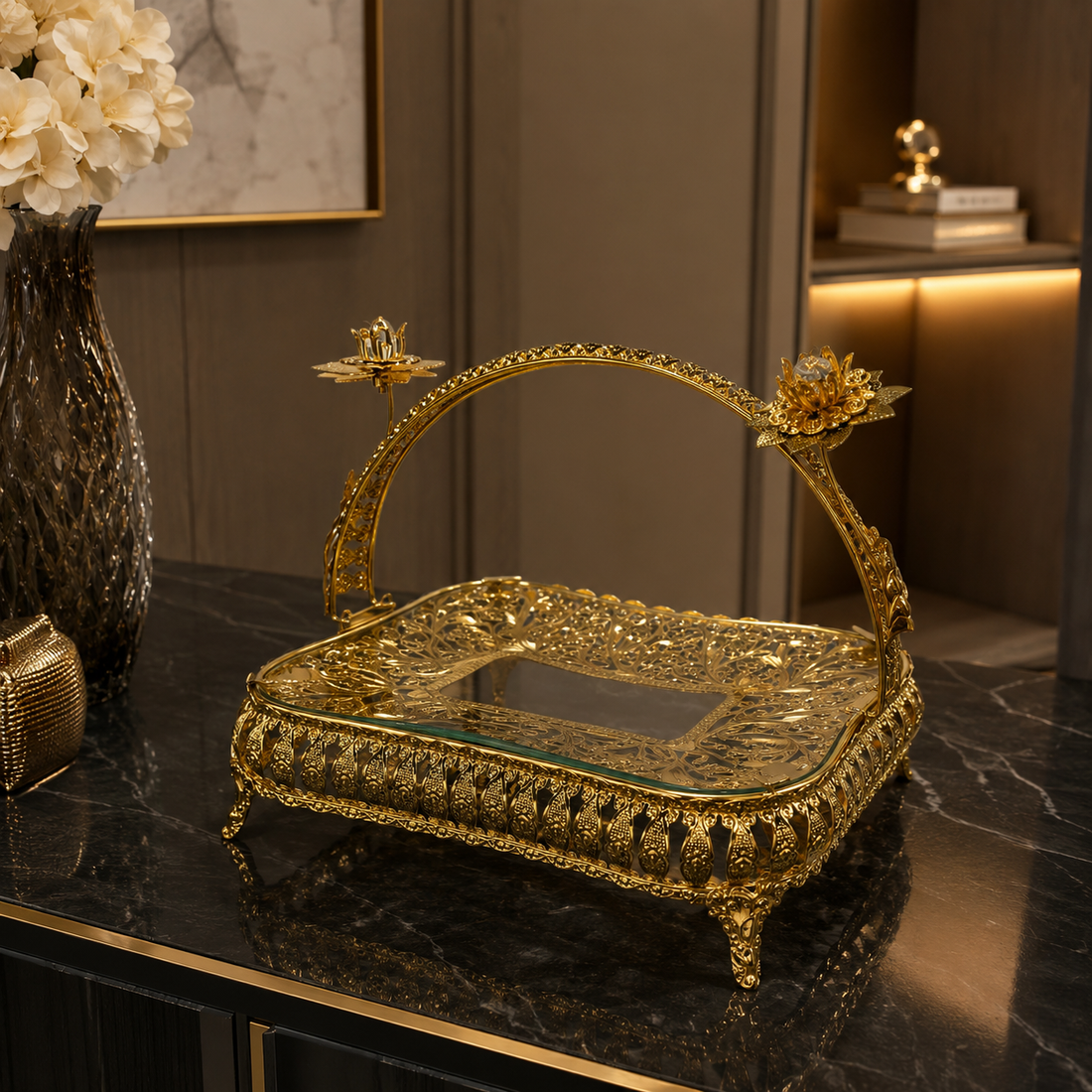 Rectangular Glass Centerpiece Tray with Ornate Cage Filigree