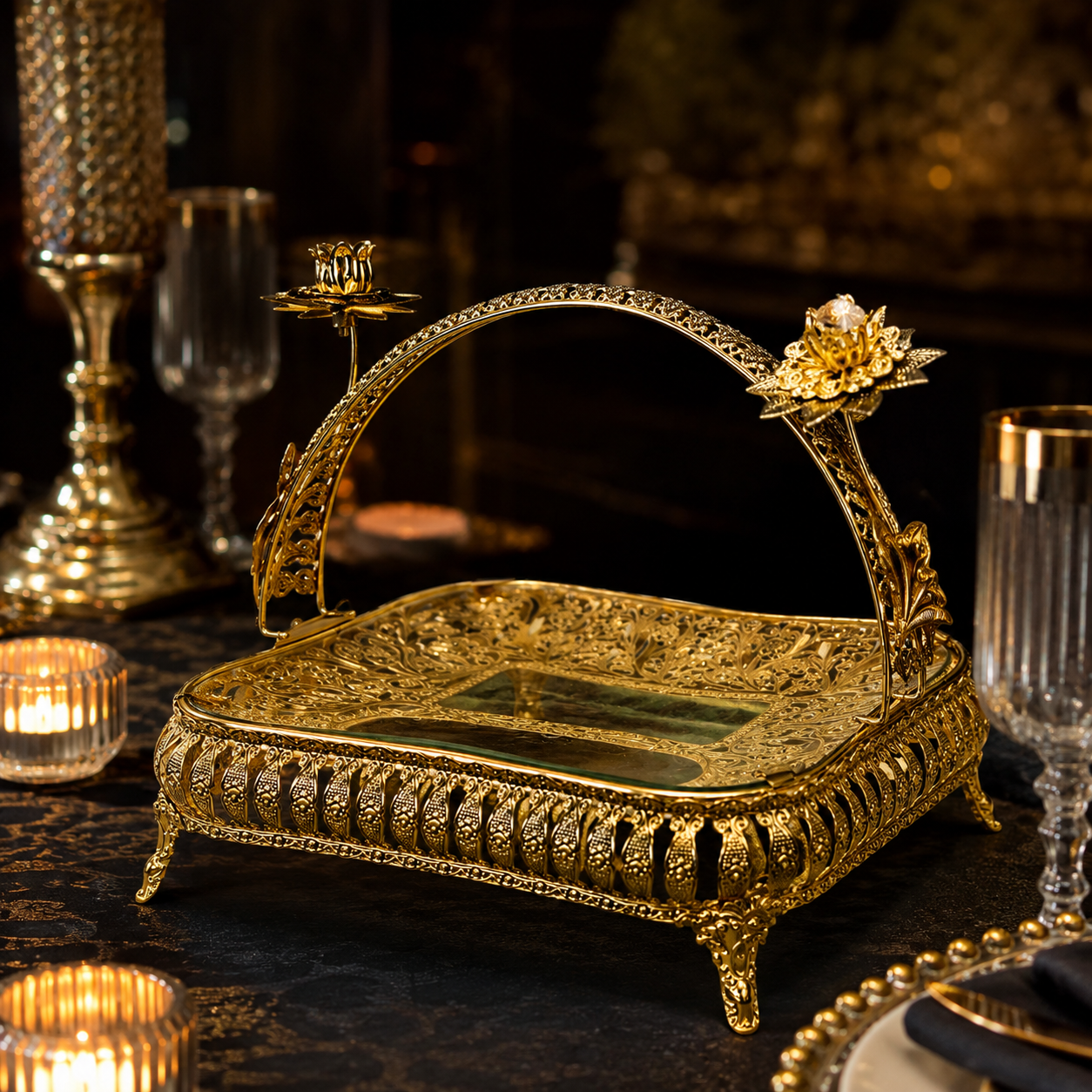 Rectangular Glass Centerpiece Tray with Ornate Cage Filigree