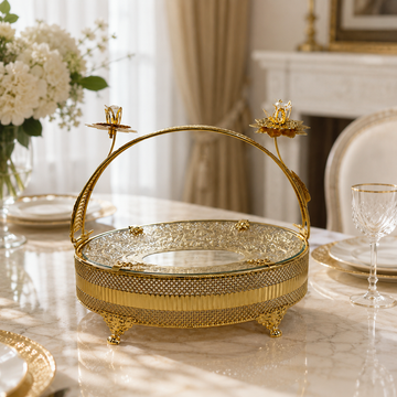 Round Glass Centerpiece Tray with Ornate Floral Filigree