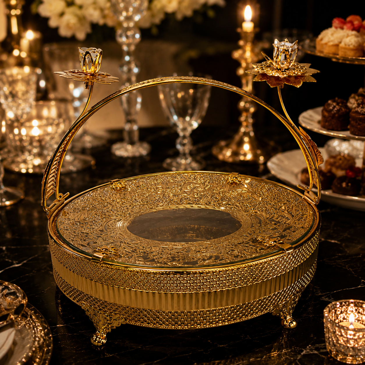 Round Glass Centerpiece Tray with Ornate Floral Filigree
