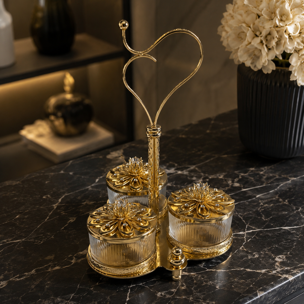 Trio Ribbed Glass Pickle Pots with Royal Filigree Lids