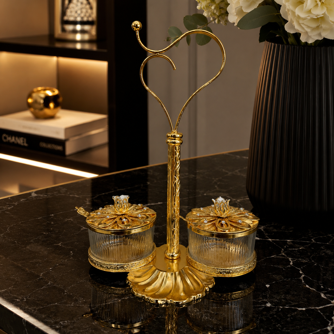 Premium Gold Plated Mukhwas Set with Elegant Heart Handle Stand