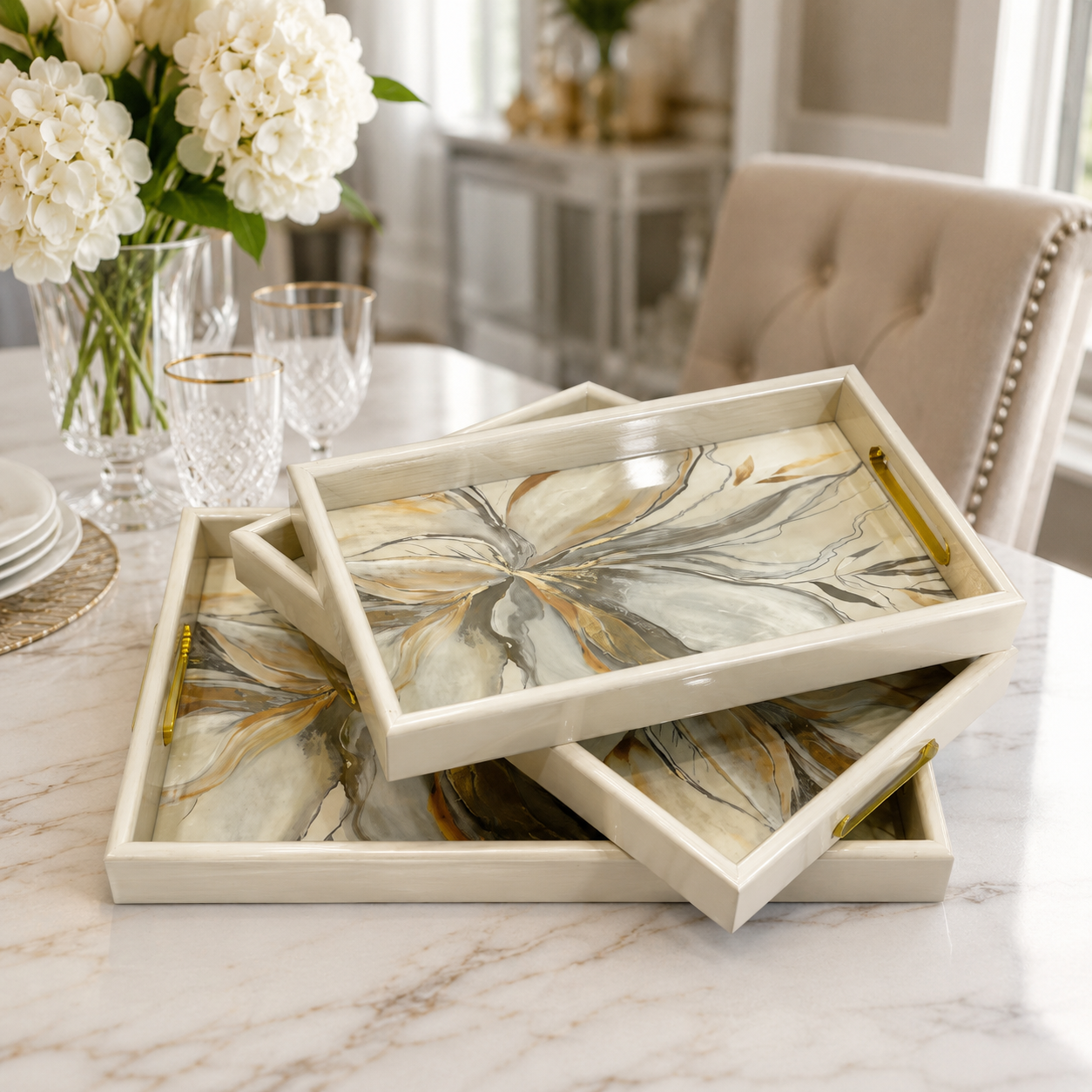 Premium 3-Piece Ivory Abstract Floral Serving Tray Set