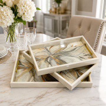 Premium 3-Piece Ivory Abstract Floral Serving Tray Set