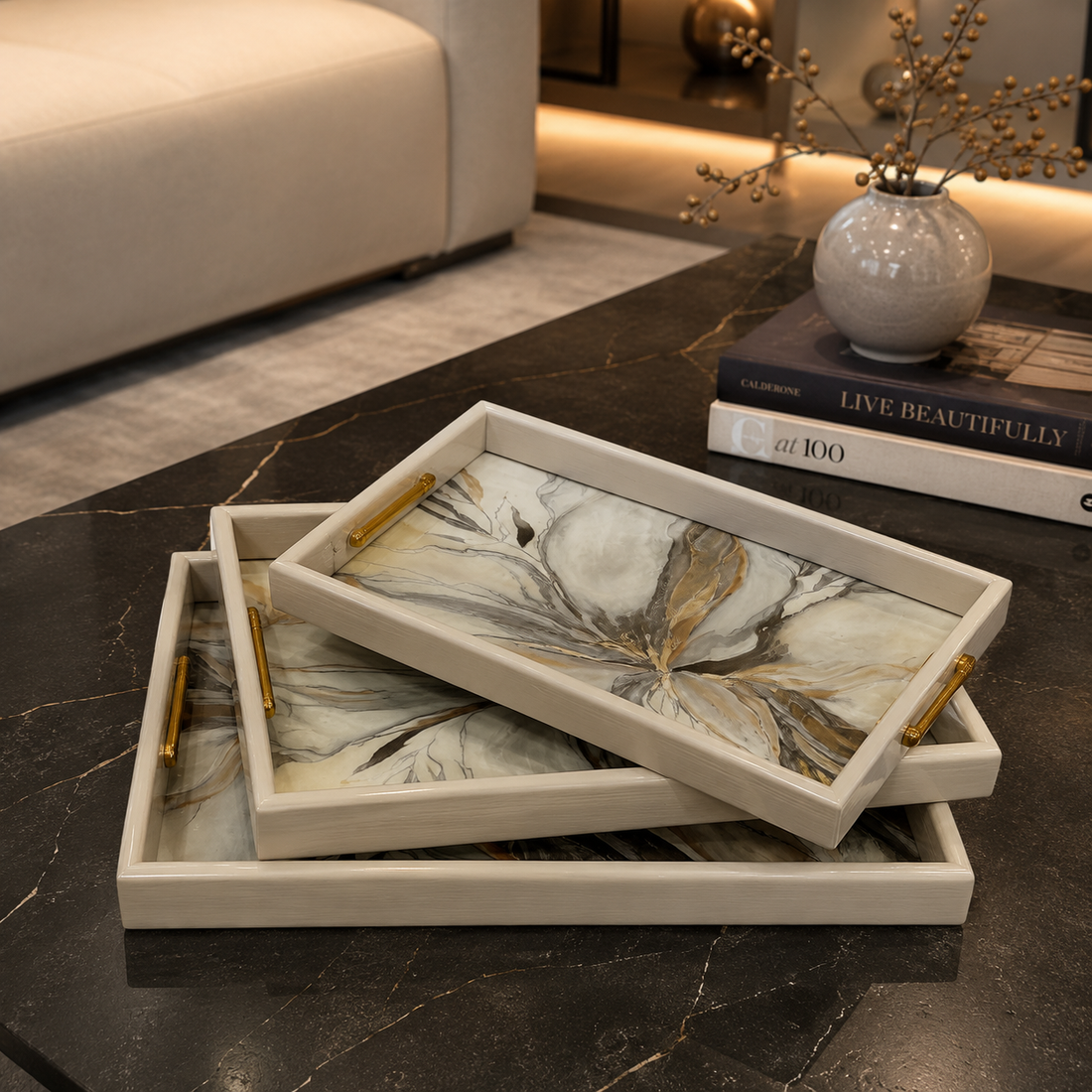 Premium 3-Piece Ivory Abstract Floral Serving Tray Set
