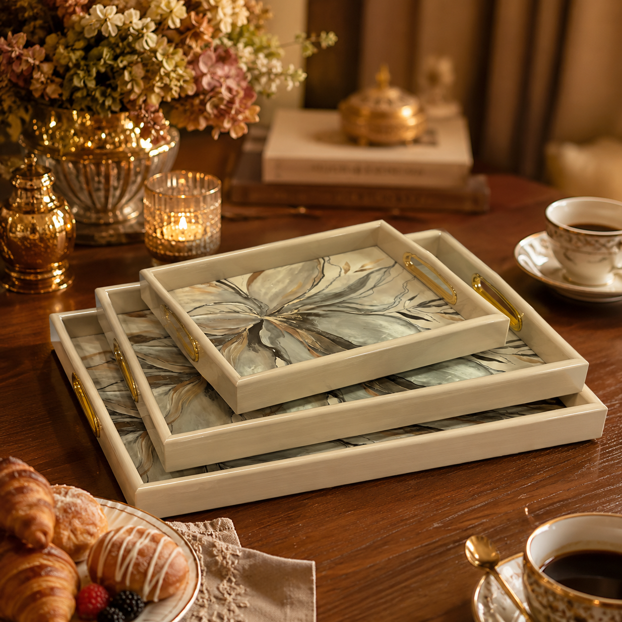 Premium 3-Piece Ivory Abstract Floral Serving Tray Set
