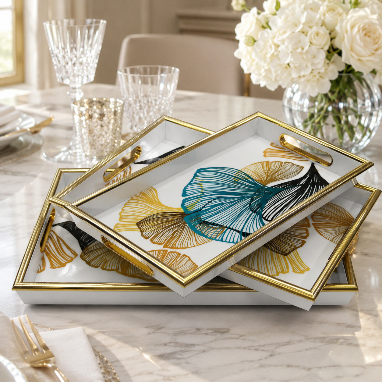 3-Piece Luxury Gold Framed Nested Trays with Glossy Glass Top