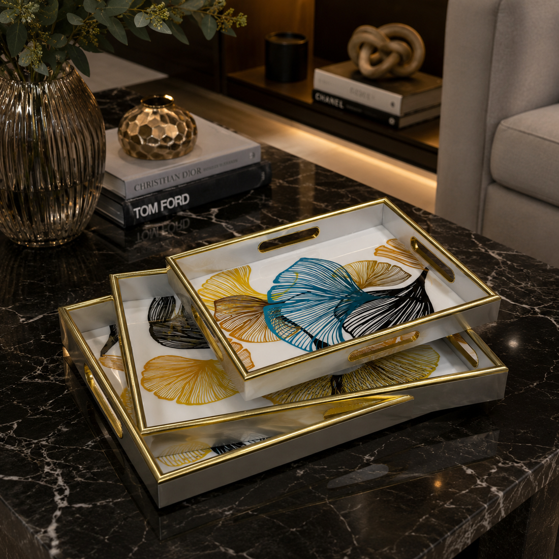 3-Piece Luxury Gold Framed Nested Trays with Glossy Glass Top
