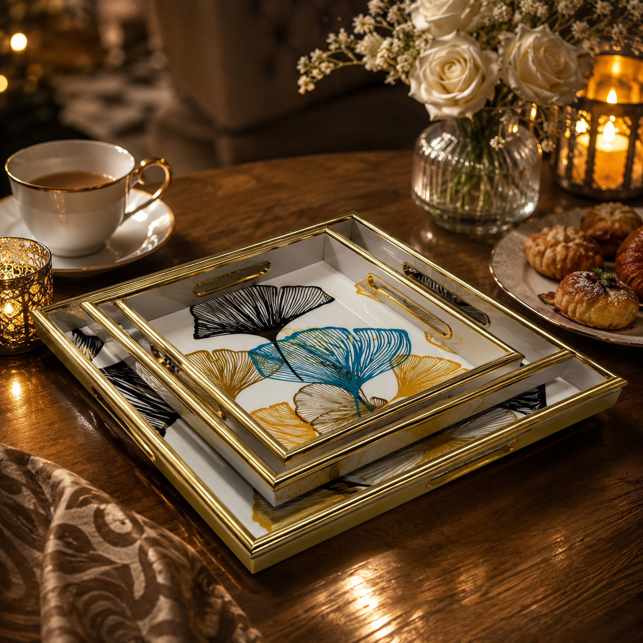 3-Piece Luxury Gold Framed Nested Trays with Glossy Glass Top