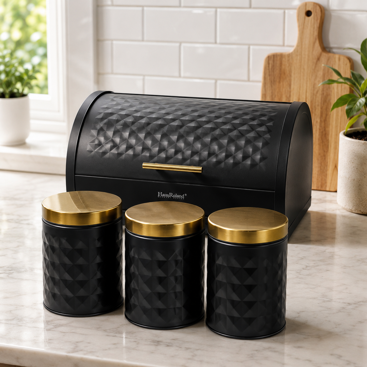 Matte Black Diamond Textured Roll Top Bread Box & 3 Matching Tea Coffee Sugar Canisters with Gold Lids