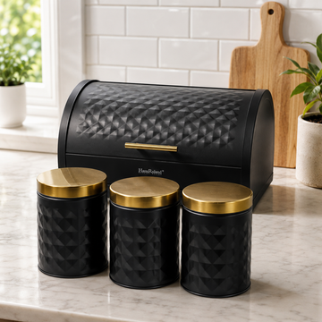 Matte Black Diamond Textured Roll Top Bread Box & 3 Matching Tea Coffee Sugar Canisters with Gold Lids