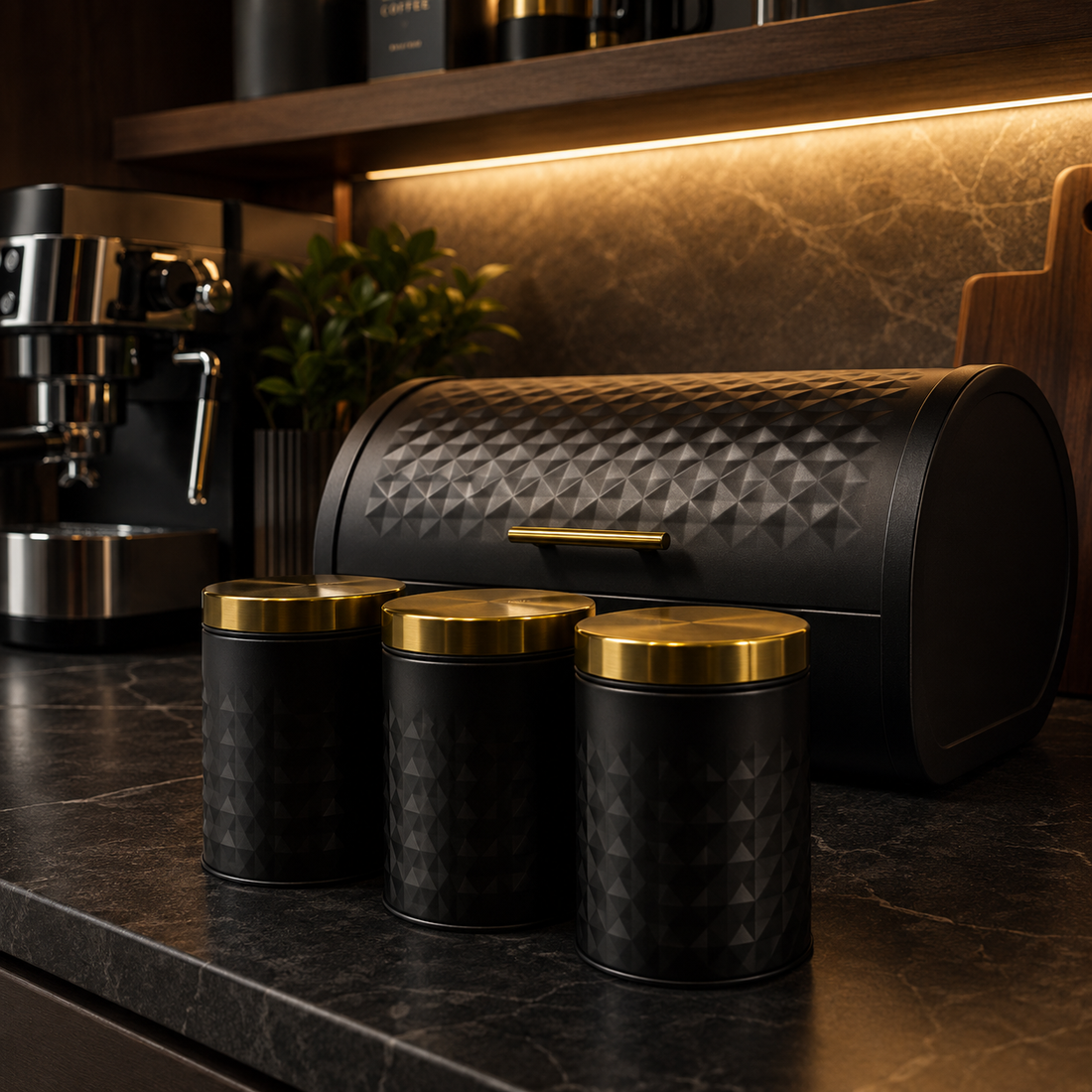 Matte Black Diamond Textured Roll Top Bread Box & 3 Matching Tea Coffee Sugar Canisters with Gold Lids