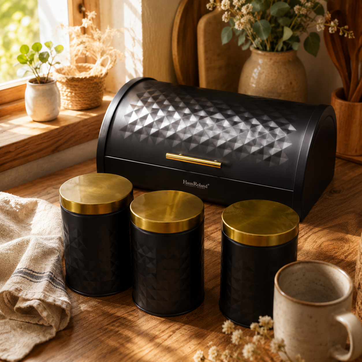 Matte Black Diamond Textured Roll Top Bread Box & 3 Matching Tea Coffee Sugar Canisters with Gold Lids