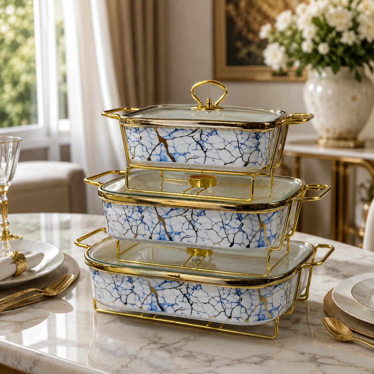 Luxury 3-Piece Blue & Gold Marble Ceramic Buffet Warmer Set