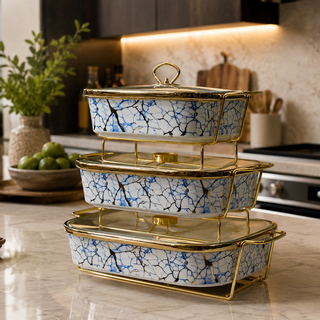 Luxury 3-Piece Blue & Gold Marble Ceramic Buffet Warmer Set