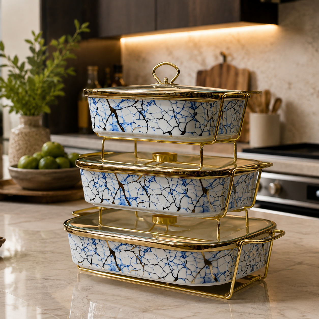Luxury 3-Piece Blue & Gold Marble Ceramic Buffet Warmer Set