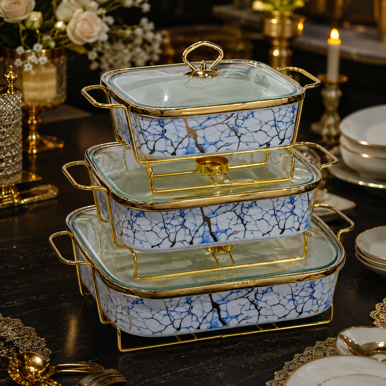 Luxury 3-Piece Blue & Gold Marble Ceramic Buffet Warmer Set