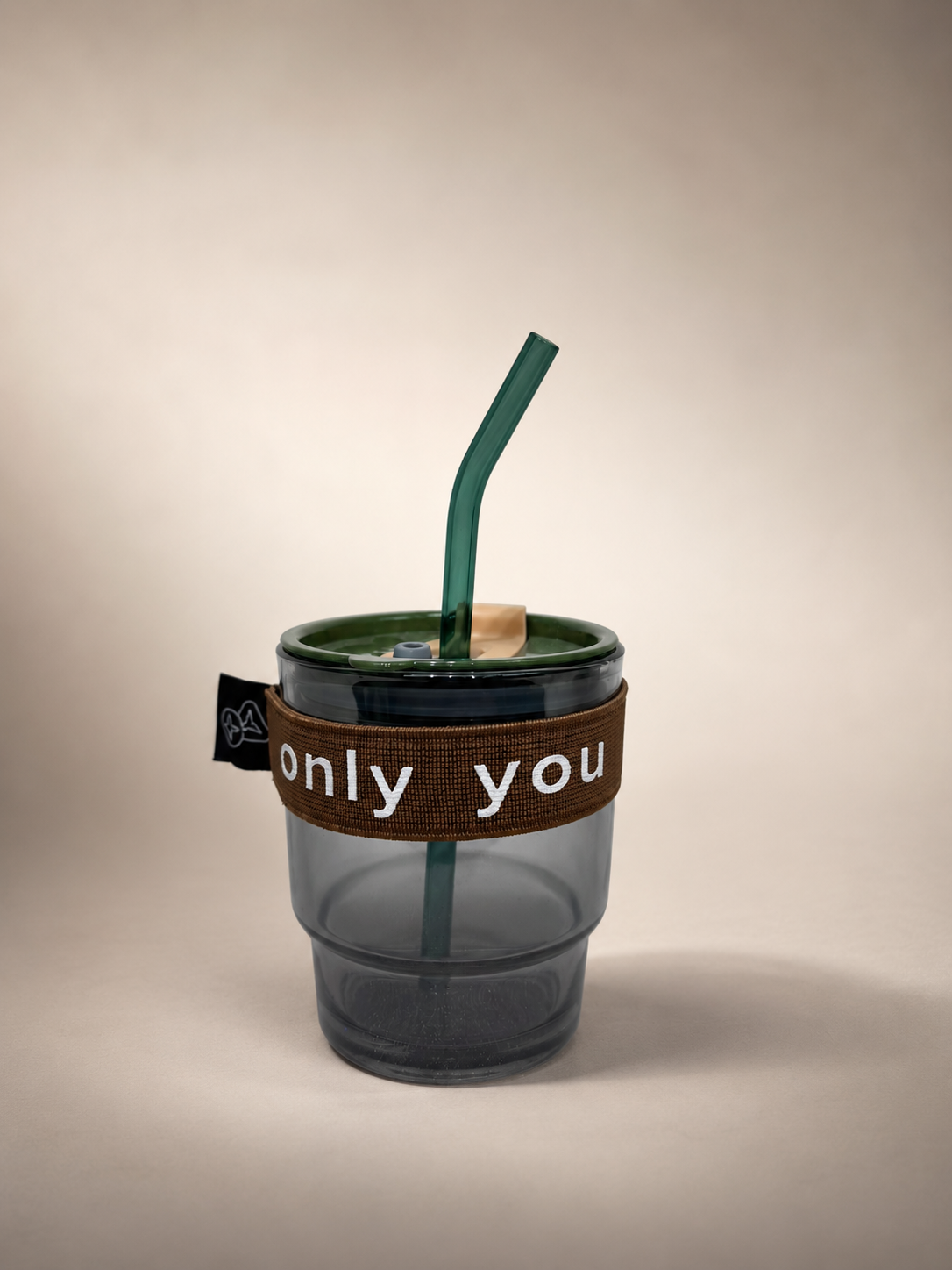 Trendy Tinted Travel Cup with Fabric Grip and Green Reusable Straw