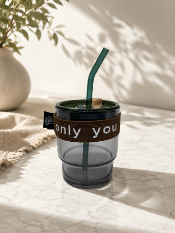 Trendy Tinted Travel Cup with Fabric Grip and Green Reusable Straw
