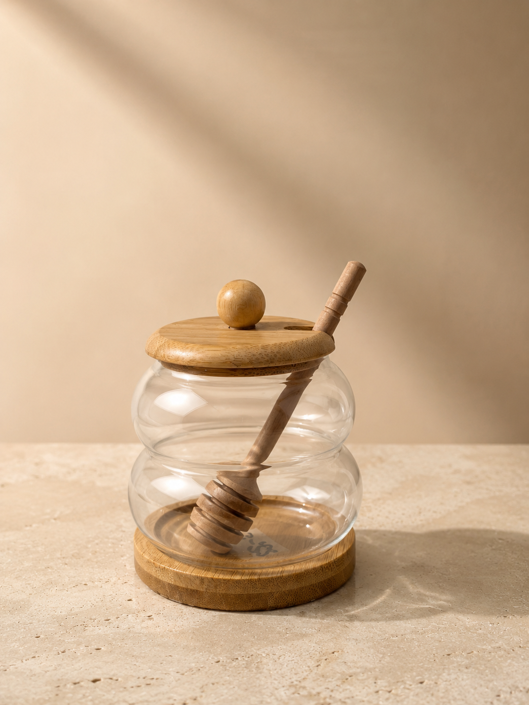 Elegant Glass Honey Storage Container with Wooden Dipper Stick