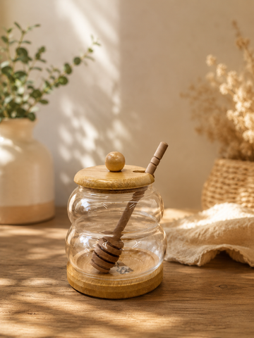 Elegant Glass Honey Storage Container with Wooden Dipper Stick