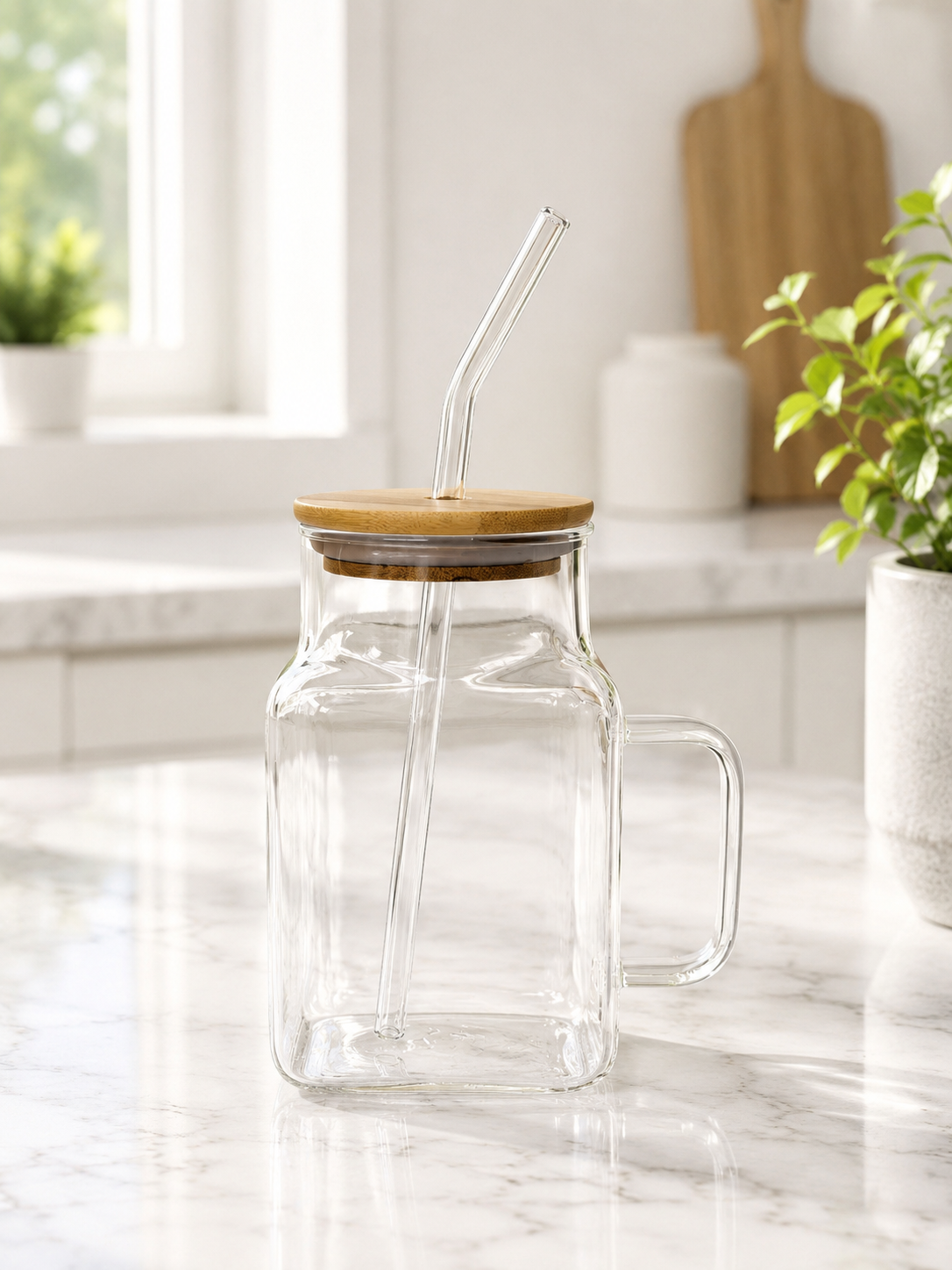 Clear Round Glass Coffee Cup with Wooden Lid and Straw