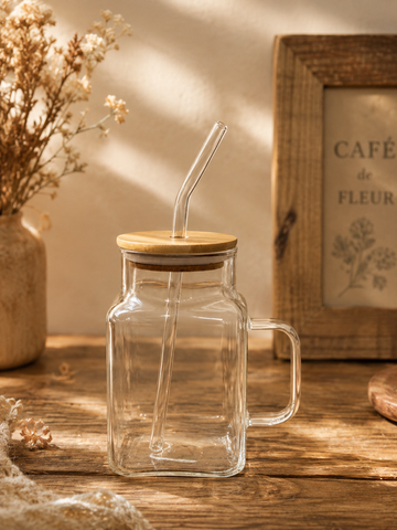 Clear Round Glass Coffee Cup with Wooden Lid and Straw
