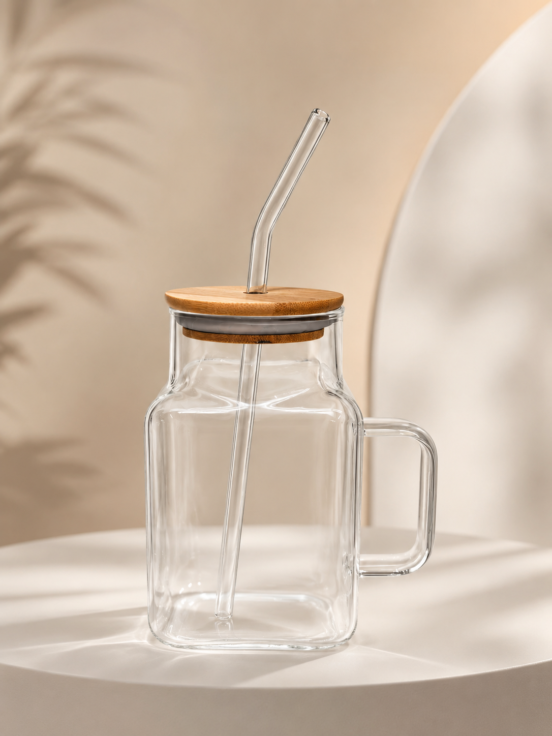 Clear Round Glass Coffee Cup with Wooden Lid and Straw