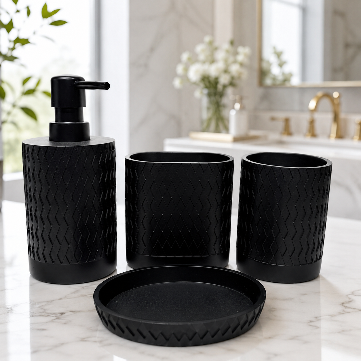 New 4-Piece DKNY Black 3D Textured Ceramic Bathroom Set