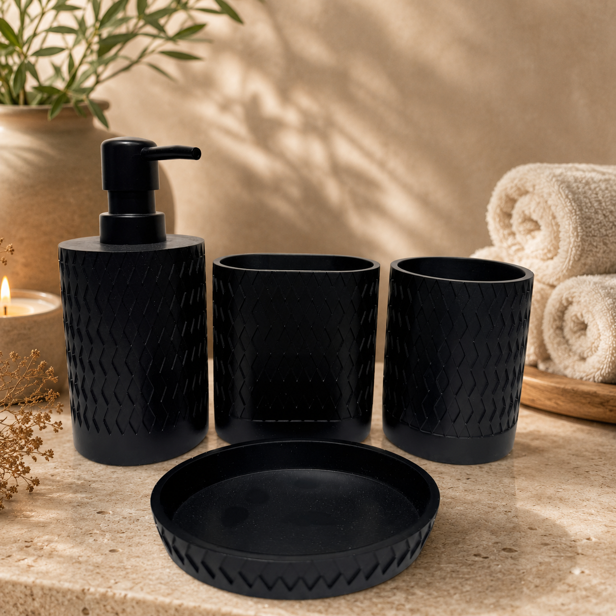 New 4-Piece DKNY Black 3D Textured Ceramic Bathroom Set