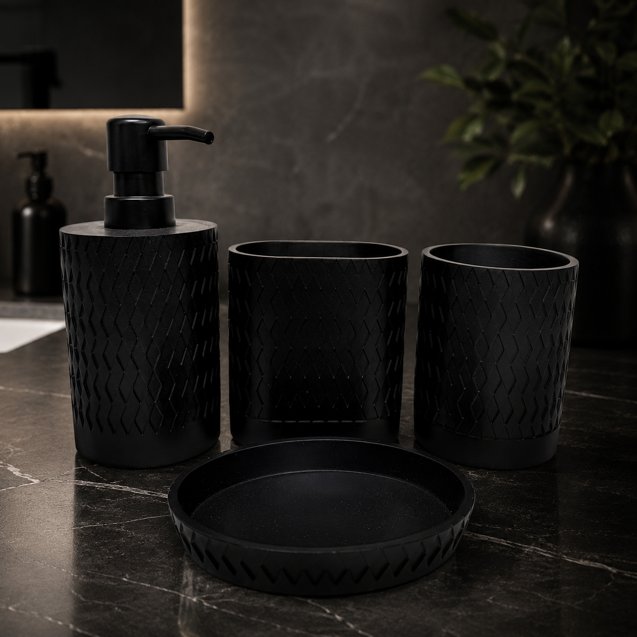 New 4-Piece DKNY Black 3D Textured Ceramic Bathroom Set