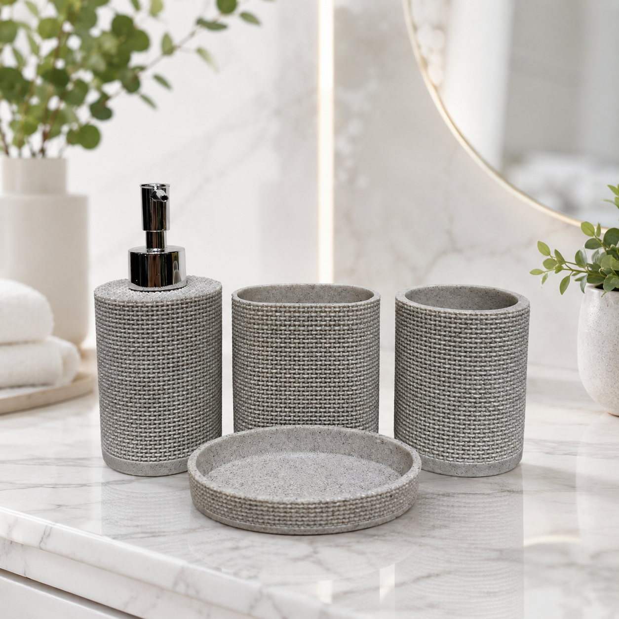 LUXURY RESIN BATHROOM ACCESSORIES SET TEXTURED BEIGE 4 PIECES SET
